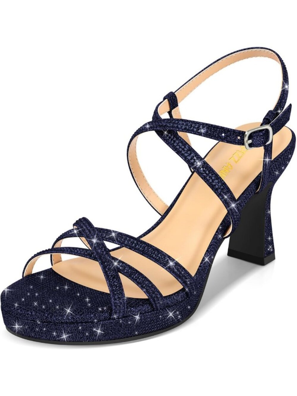 Sparkly Rhinestone Open Toe Ankle Strap High Heels - Chunky Platform Dress